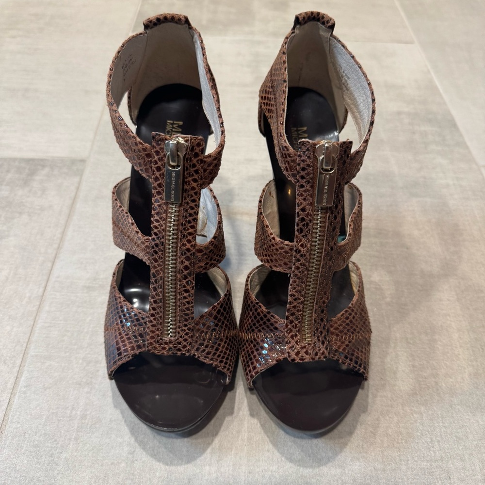 Michael Kors Snakeskin Leather/ Textile outsole/ 4" Heels/ Zipper Up Sandal - Picture 3 of 11